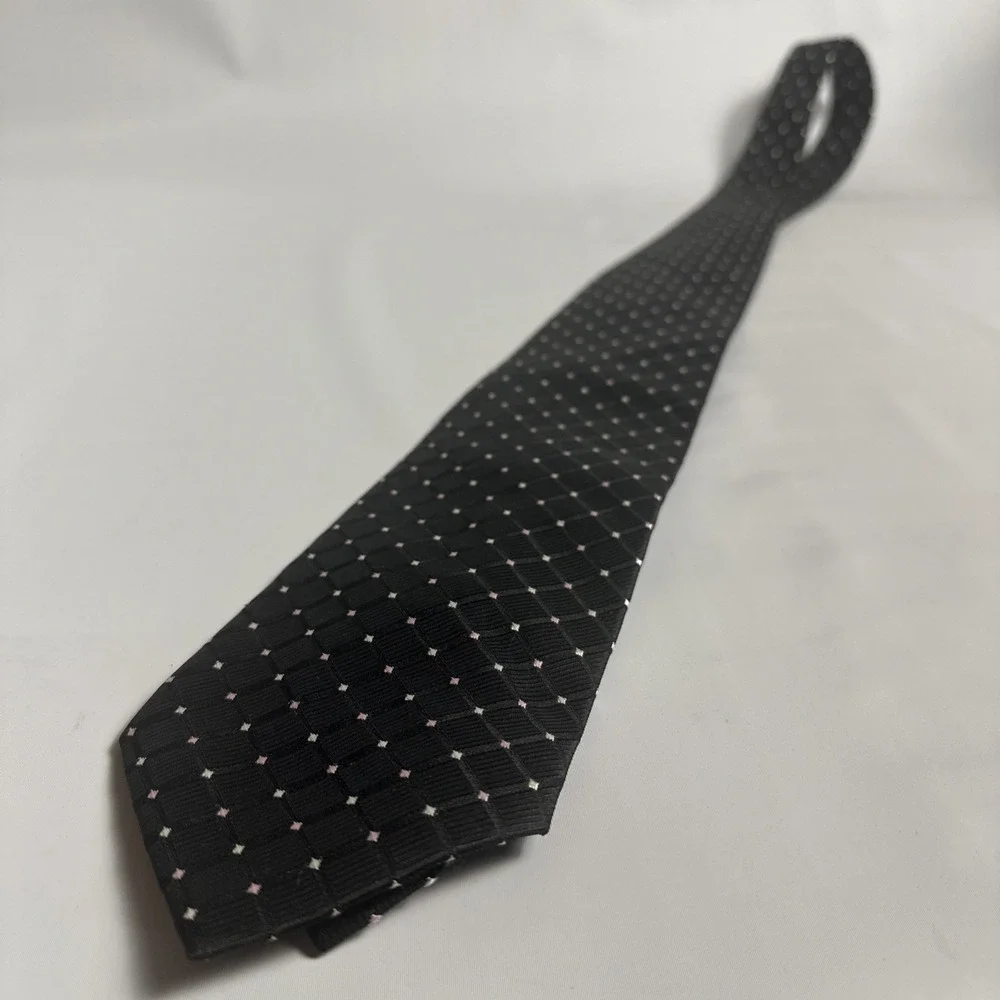 Nautica Black Geometric Silk Tie Pink White Dot Old Money Executive Preppy
